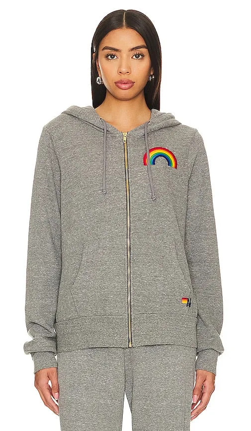 Aviator Nation Rainbow Embroidery Zip Hoodie in Grey