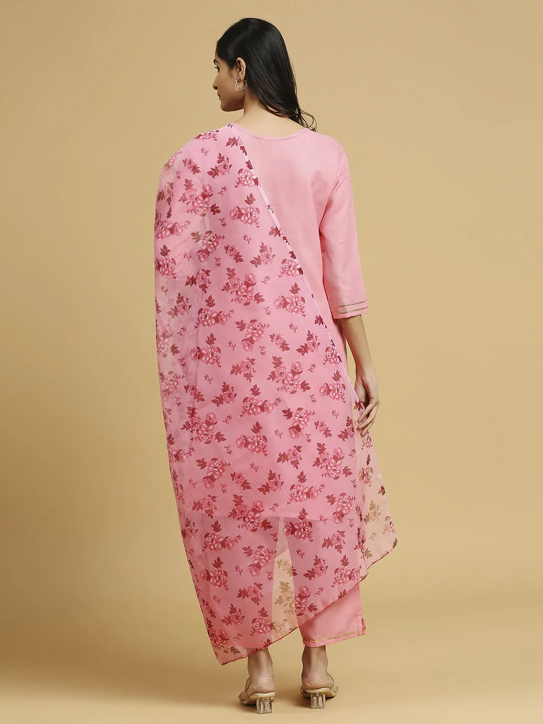 Baby Pink Trendy Designer Readymade Cotton Pant Suit With Floral Printed Work