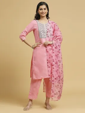 Baby Pink Trendy Designer Readymade Cotton Pant Suit With Floral Printed Work