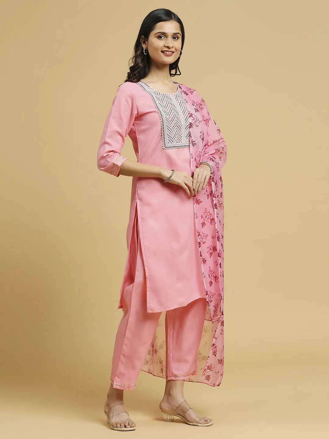 Baby Pink Trendy Designer Readymade Cotton Pant Suit With Floral Printed Work