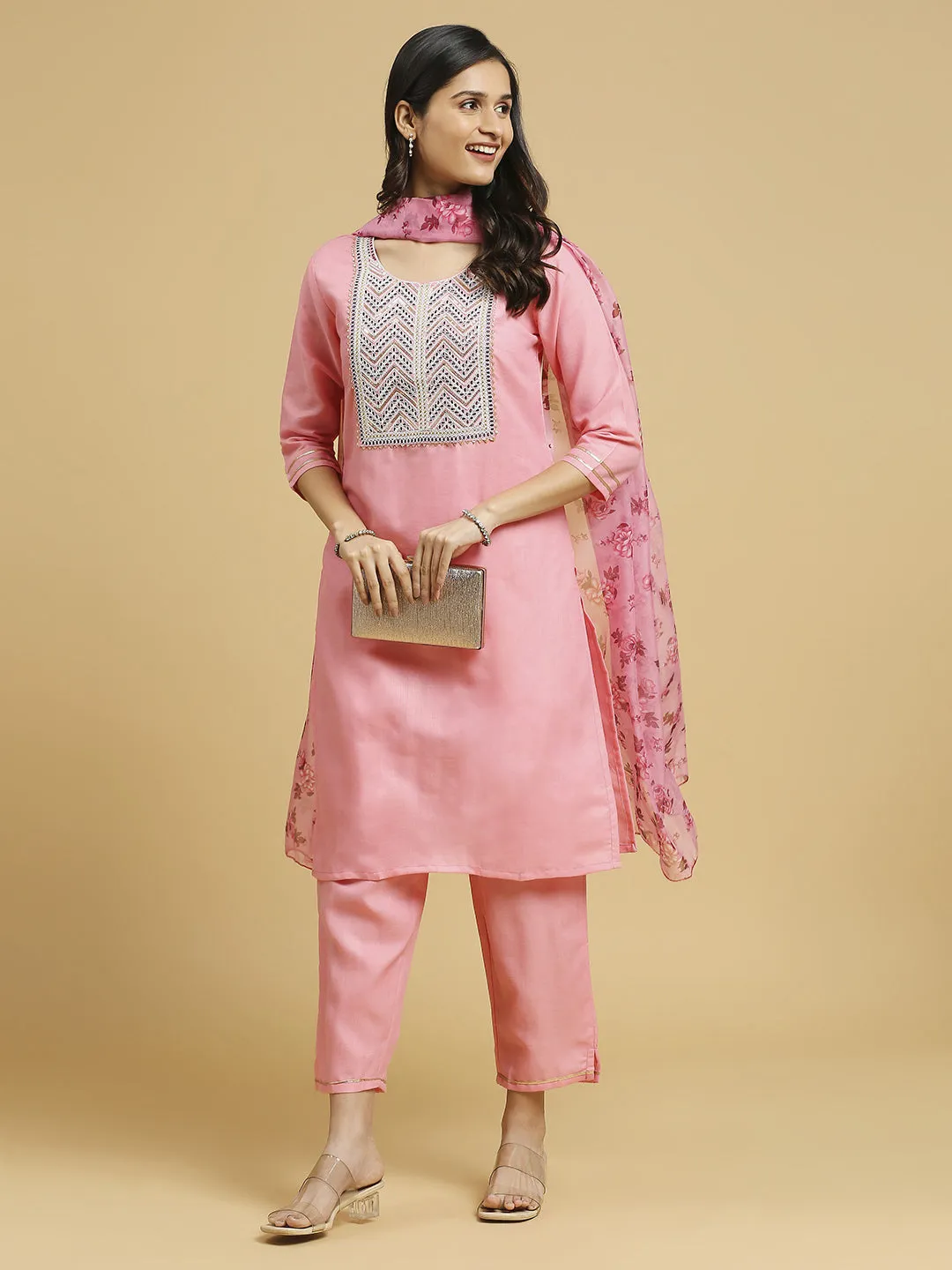 Baby Pink Trendy Designer Readymade Cotton Pant Suit With Floral Printed Work