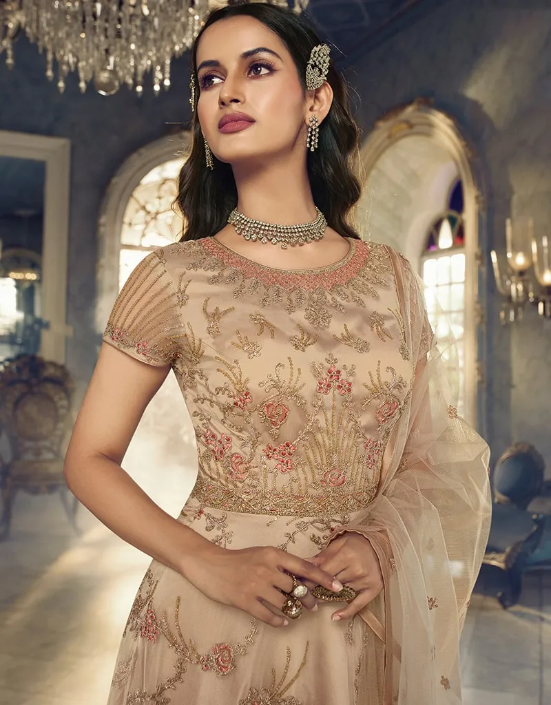 Beige Anarkali style Anarkali Semi-Stitched Suits