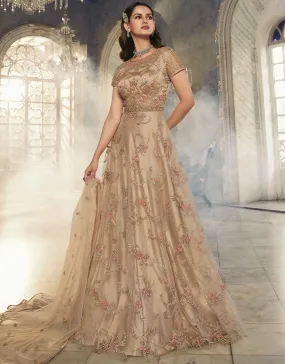 Beige Anarkali style Anarkali Semi-Stitched Suits