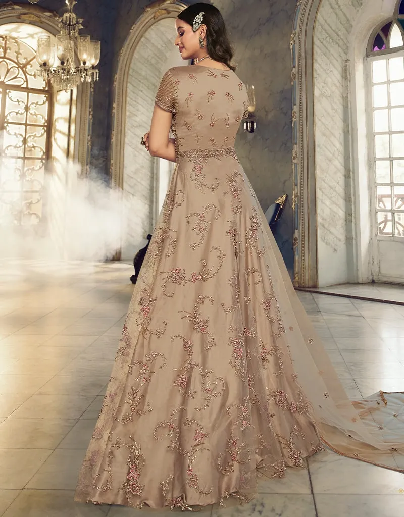 Beige Anarkali style Anarkali Semi-Stitched Suits