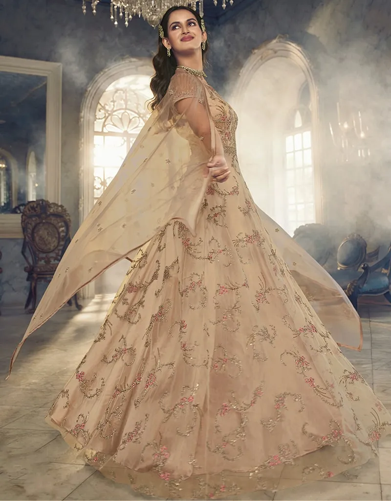 Beige Anarkali style Anarkali Semi-Stitched Suits