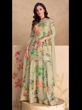 Beige Classy Designer Readymade Palazzo Suit With Digital Print Embroidery Work