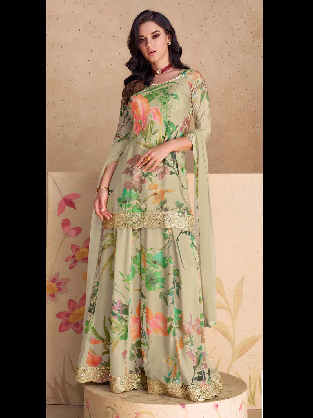 Beige Classy Designer Readymade Palazzo Suit With Digital Print Embroidery Work
