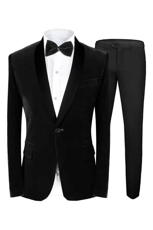 Black Shawl Lapel Two Pieces Velvet Formal Wedding Suits One Button Business Suit Wedding Groom Prom Tuxedo