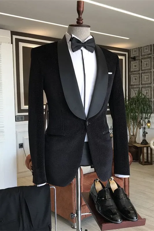 Black Shawl Lapel Two Pieces Velvet Wedding Groom Suits One Button Wedding Suits