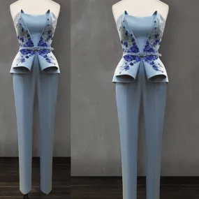 blue jumpsuits for weddings 2020 embroidery appliqué elegant strapless pants for women
