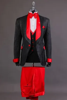Chic Black Three Pieces Wedding Suits With Red Lapel Jacquard Blazer Vest & Pants