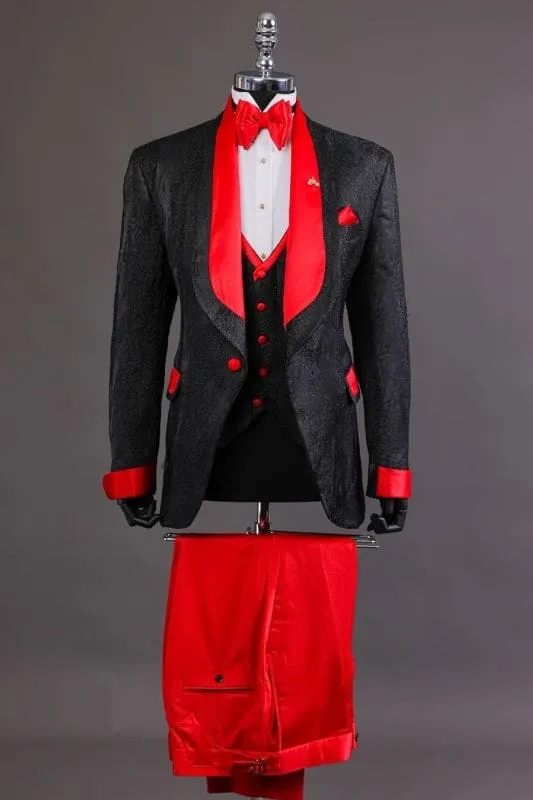Chic Black Three Pieces Wedding Suits With Red Lapel Jacquard Blazer Vest & Pants