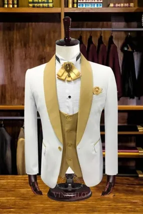 Chic Khaki Shawl Lapel Three Pieces Wedding Suits One Button Wedding Party Groom Blazer Vest Pants
