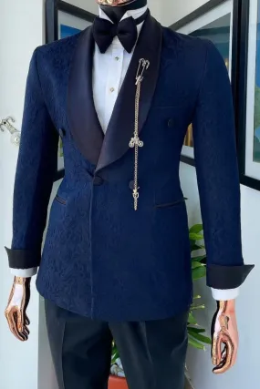 Classic Dark Blue Shawl Lapel Double Breasted Wedding Suits Floral Jacquard Two Pieces Suits for Men