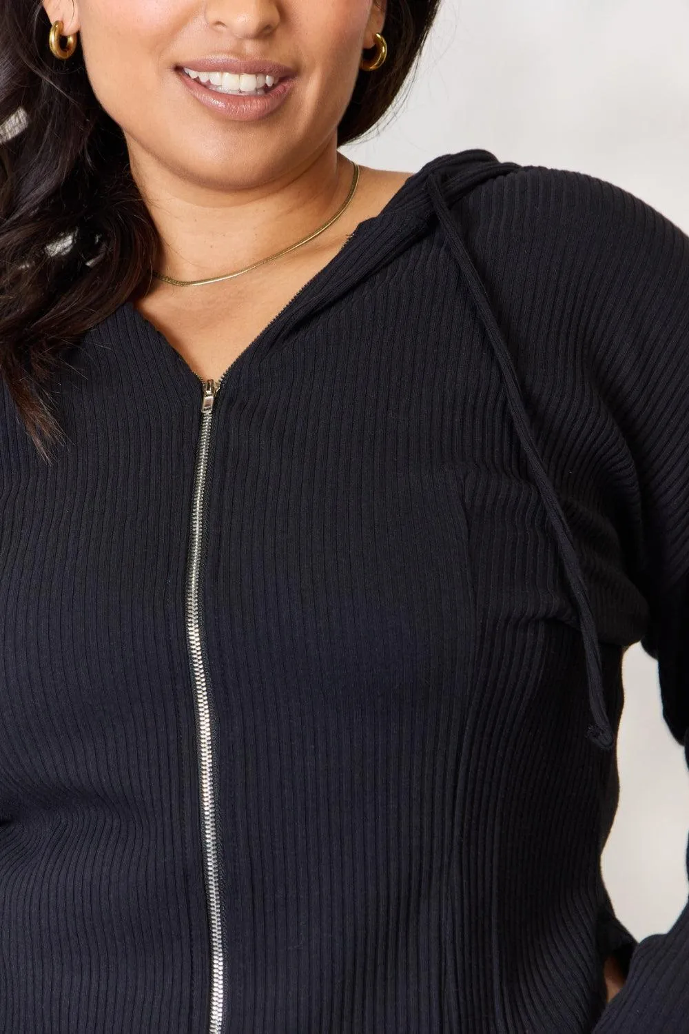 Culture Code Full Size Ribbed Zip Up Drawstring Hooded