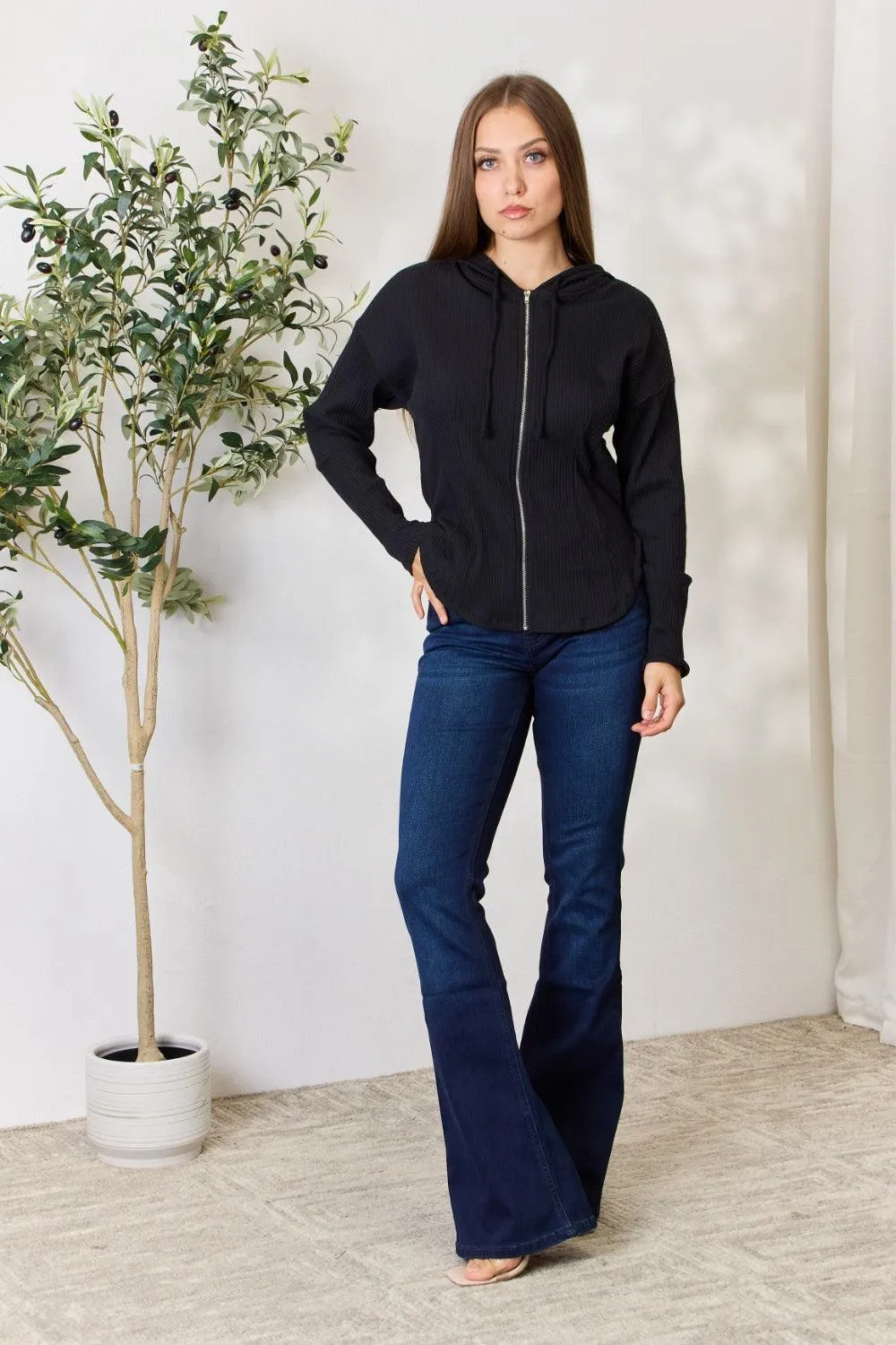 Culture Code Full Size Ribbed Zip Up Drawstring Hooded