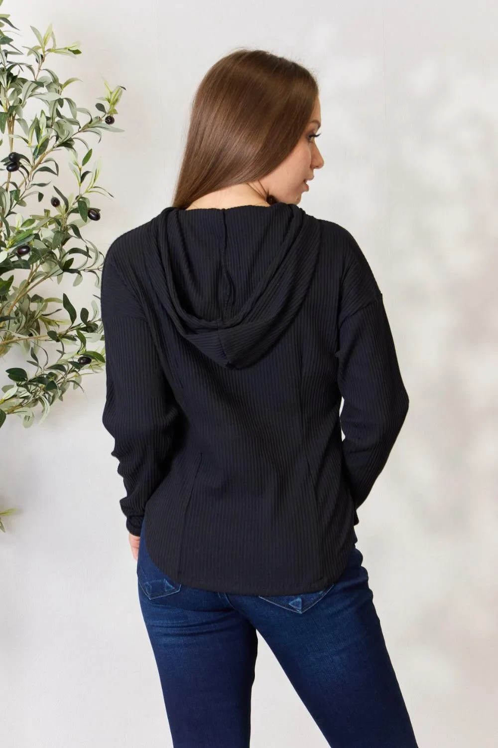 Culture Code Full Size Ribbed Zip Up Drawstring Hooded