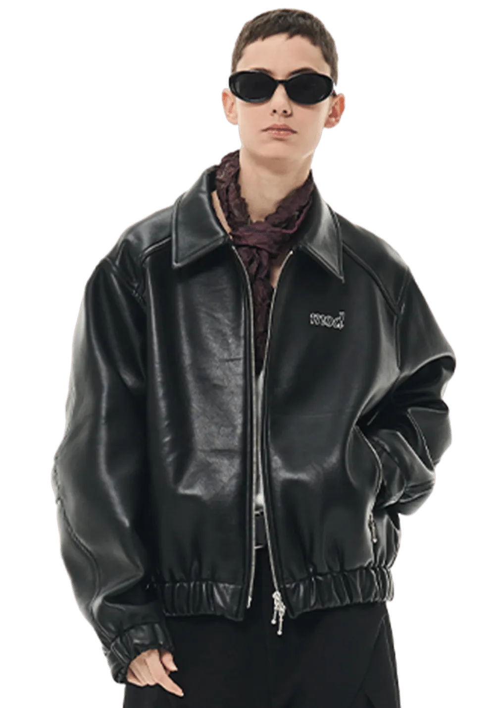Embroidered Short Leather Jacket