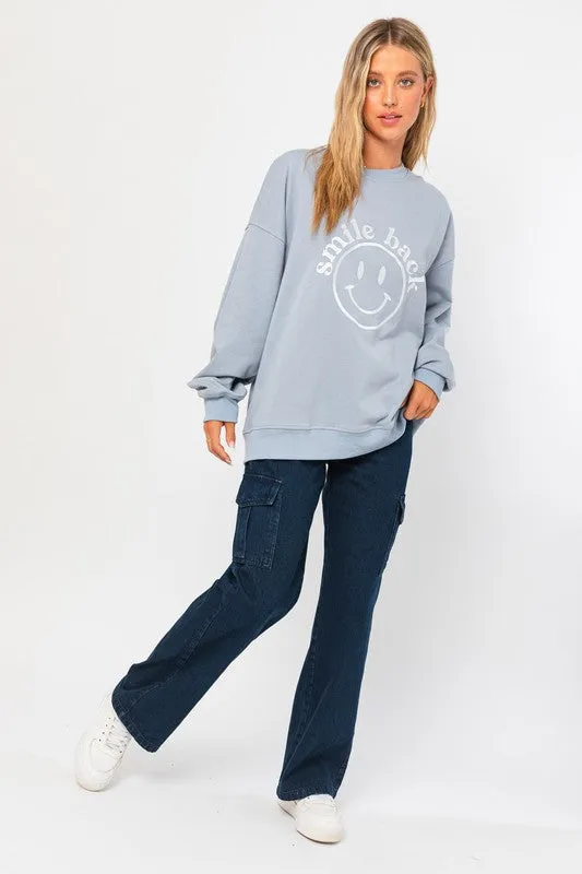 Fun Cute Letter Embroidery "Smile Back" Oversized Sweatshirt