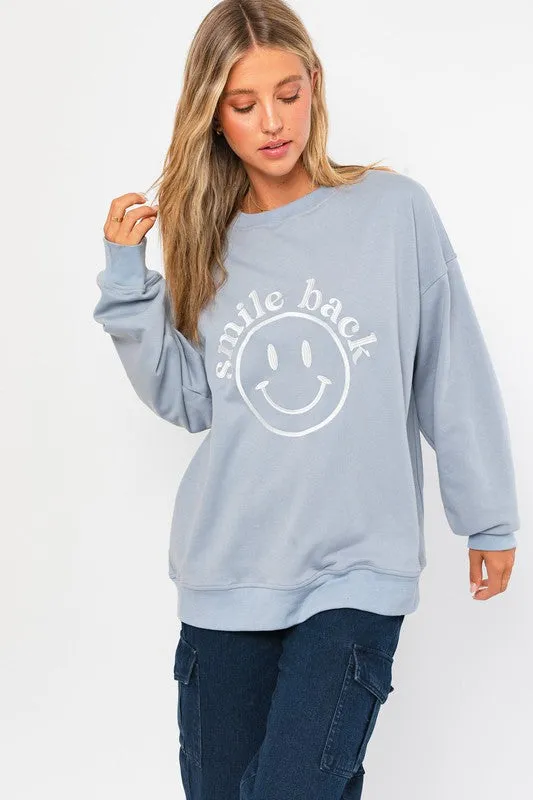 Fun Cute Letter Embroidery "Smile Back" Oversized Sweatshirt