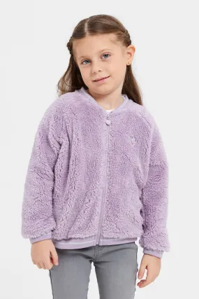 Girls Lilac Textured Front Zipper Sweatshirt