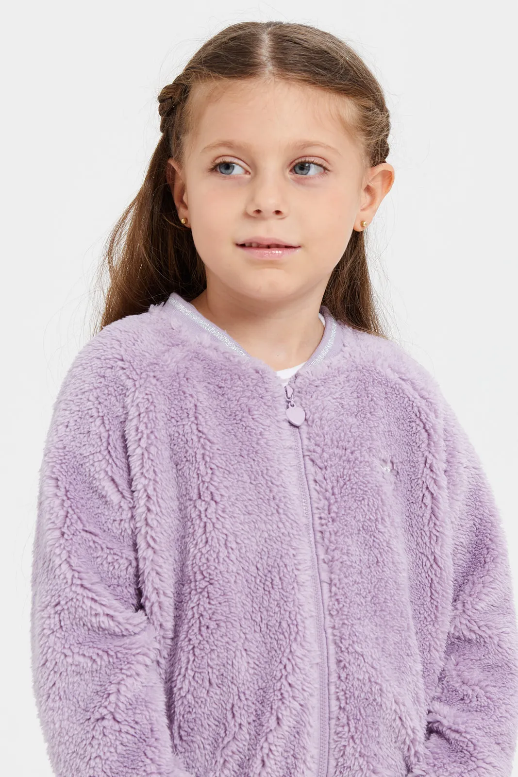 Girls Lilac Textured Front Zipper Sweatshirt
