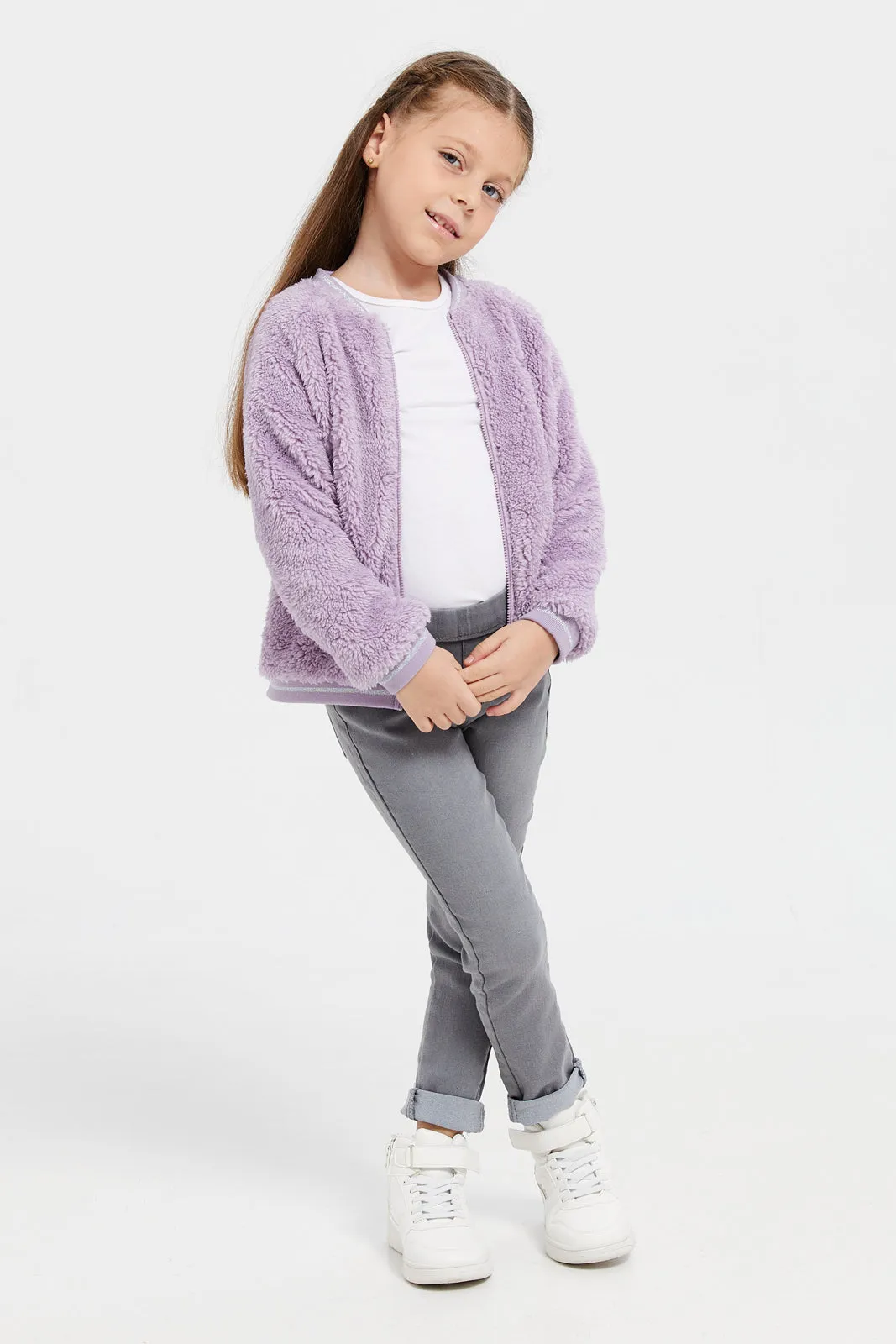 Girls Lilac Textured Front Zipper Sweatshirt