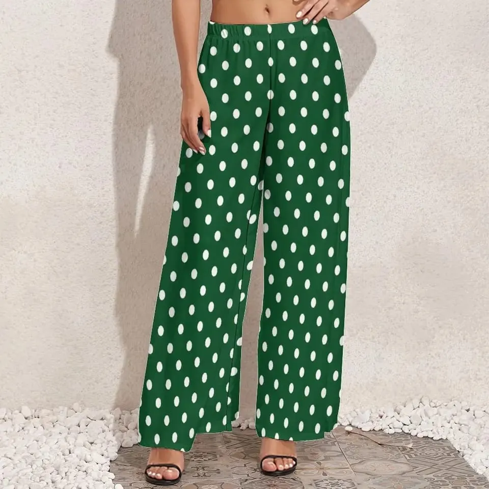 Green Polka Dot Pants Women Vintage Print Trousers XL 113008