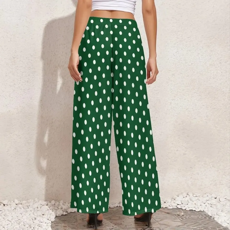 Green Polka Dot Pants Women Vintage Print Trousers XL 113008
