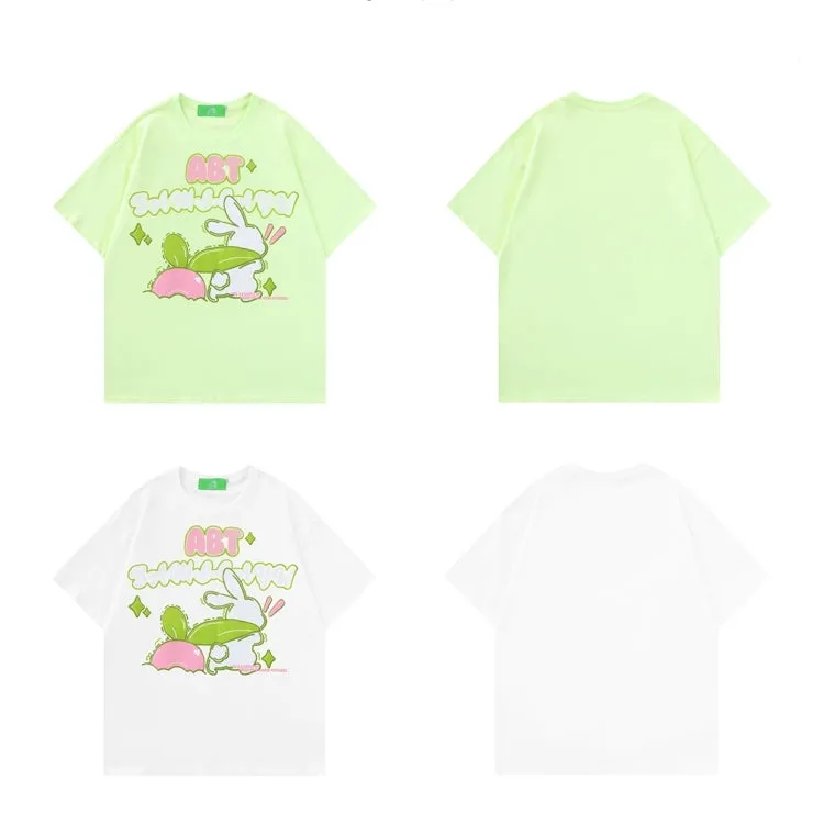 Japanese Retro Cartoon Rabbit Print T-shirt