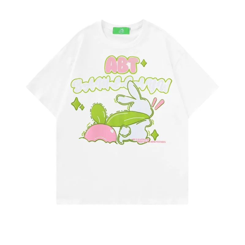 Japanese Retro Cartoon Rabbit Print T-shirt