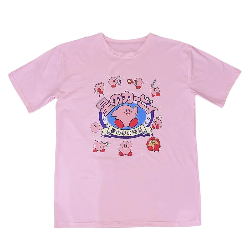 Japanese Sweet Cartoon Print Pink Loose T-shirts