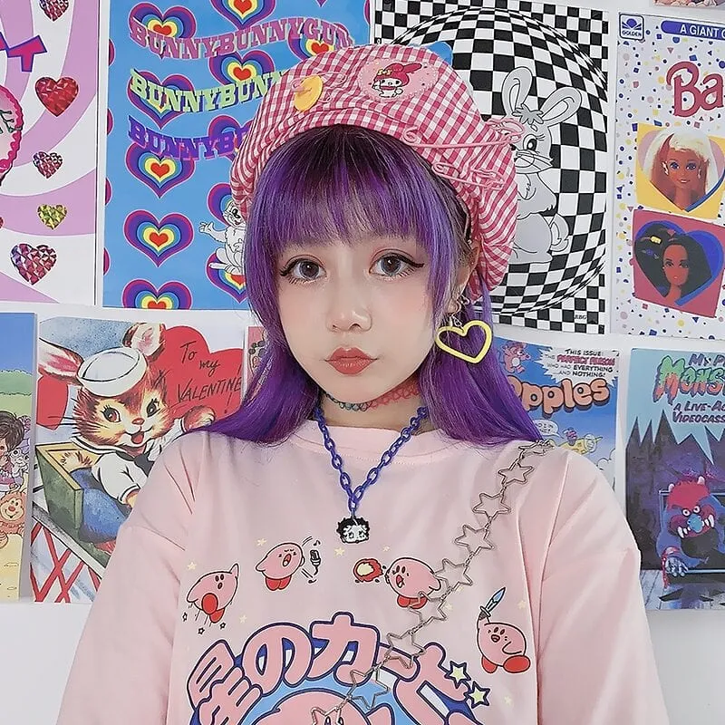 Japanese Sweet Cartoon Print Pink Loose T-shirts