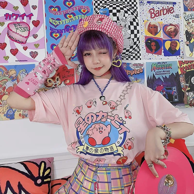 Japanese Sweet Cartoon Print Pink Loose T-shirts