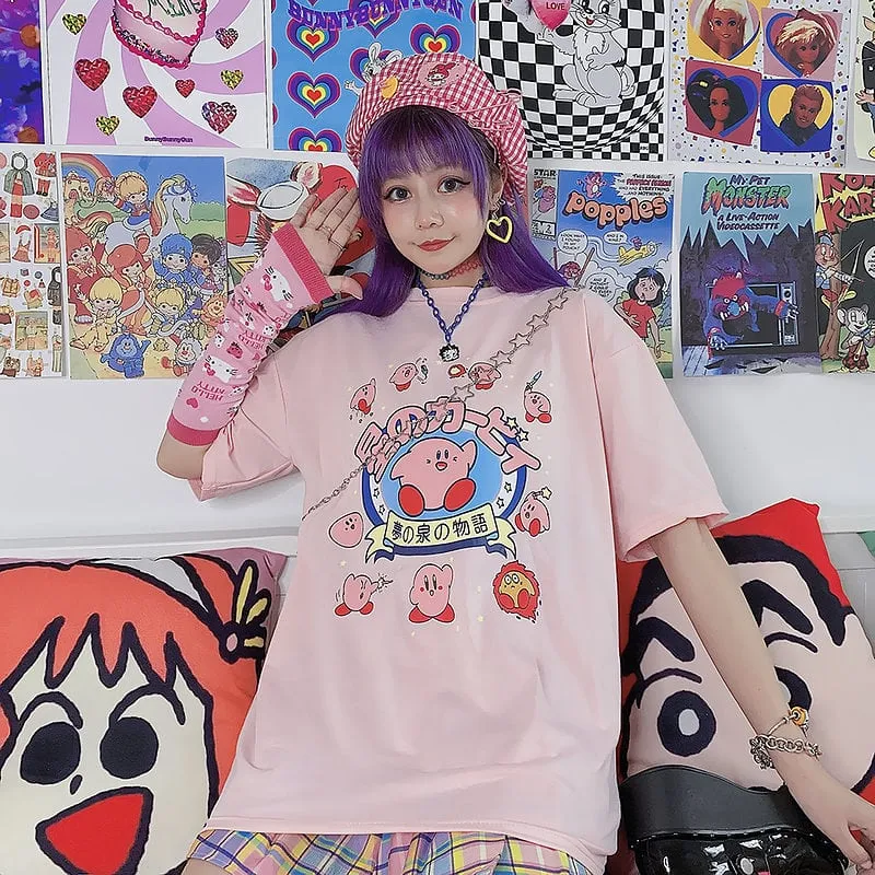 Japanese Sweet Cartoon Print Pink Loose T-shirts