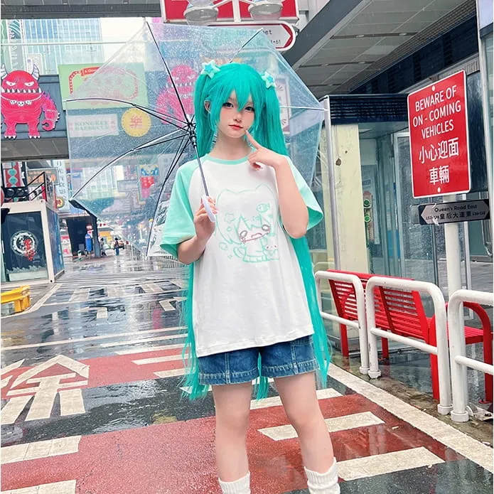 Kawaii Cartoon Sweet Girl Graffiti Print Loose T-shirt