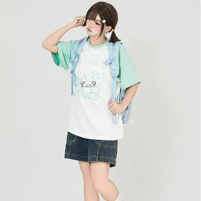 Kawaii Cartoon Sweet Girl Graffiti Print Loose T-shirt
