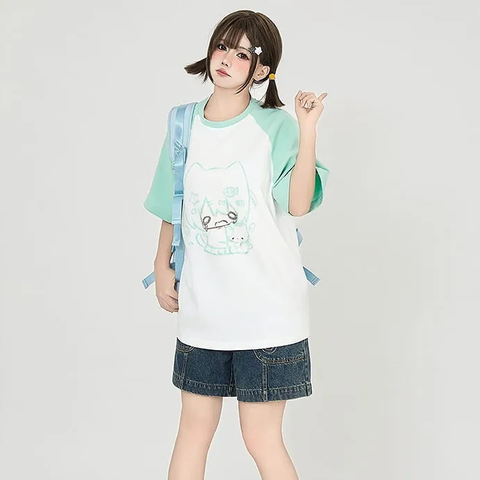 Kawaii Cartoon Sweet Girl Graffiti Print Loose T-shirt