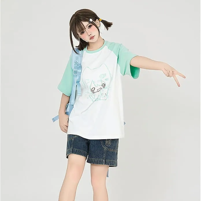 Kawaii Cartoon Sweet Girl Graffiti Print Loose T-shirt
