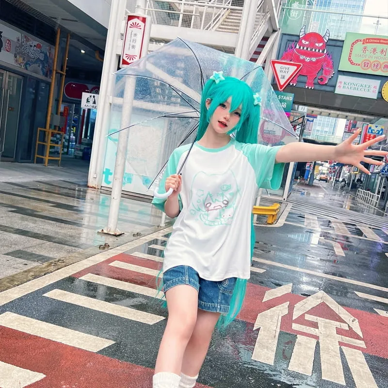 Kawaii Cartoon Sweet Girl Graffiti Print Loose T-shirt
