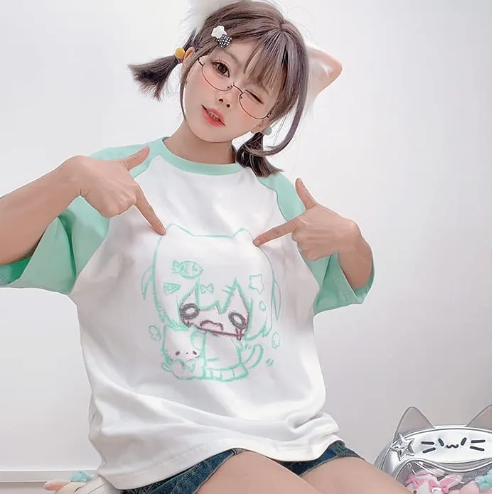 Kawaii Cartoon Sweet Girl Graffiti Print Loose T-shirt