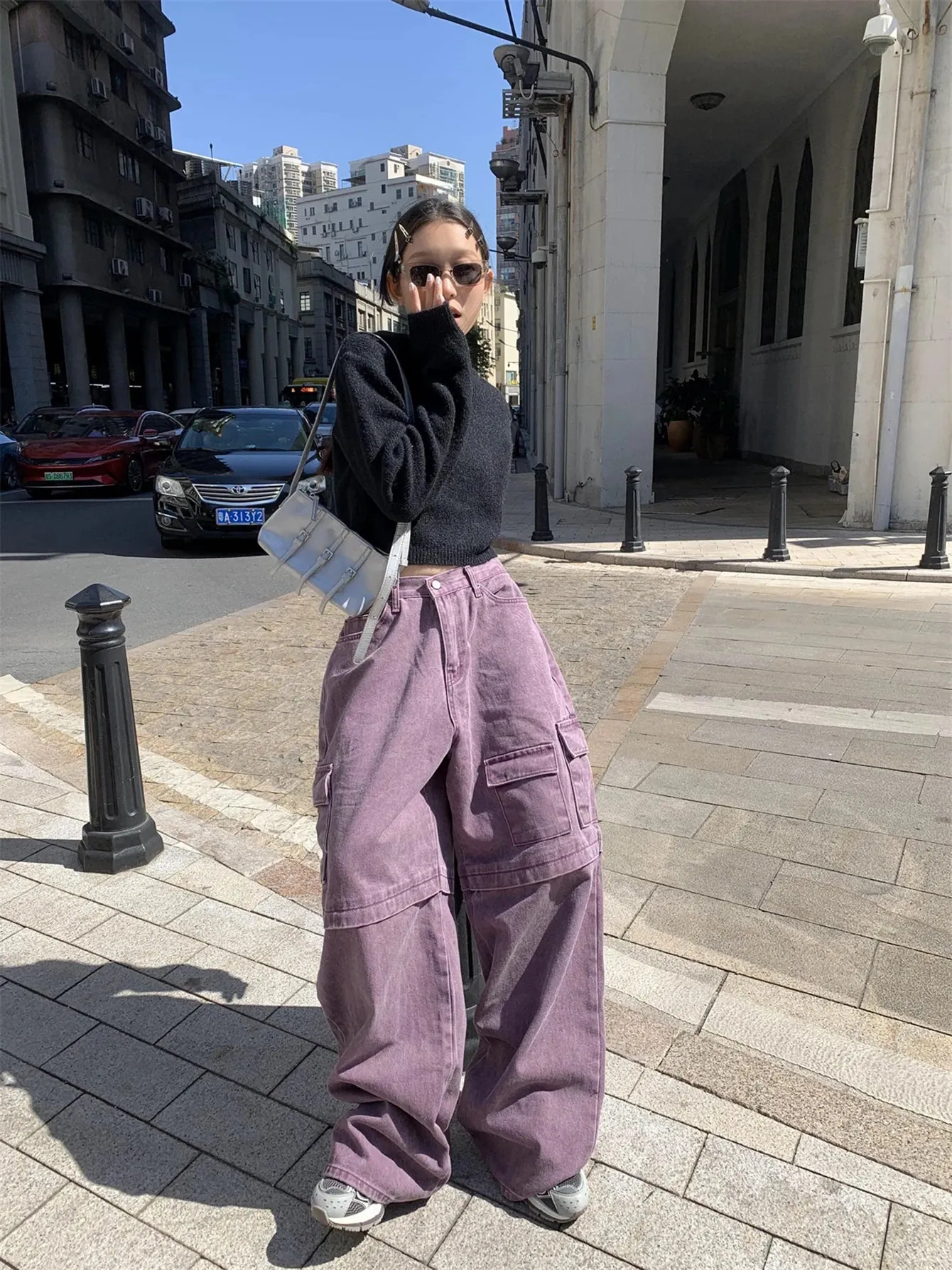 Lila Cargo-Hose mit Taschen Baggy Jeans im Skater-Stil