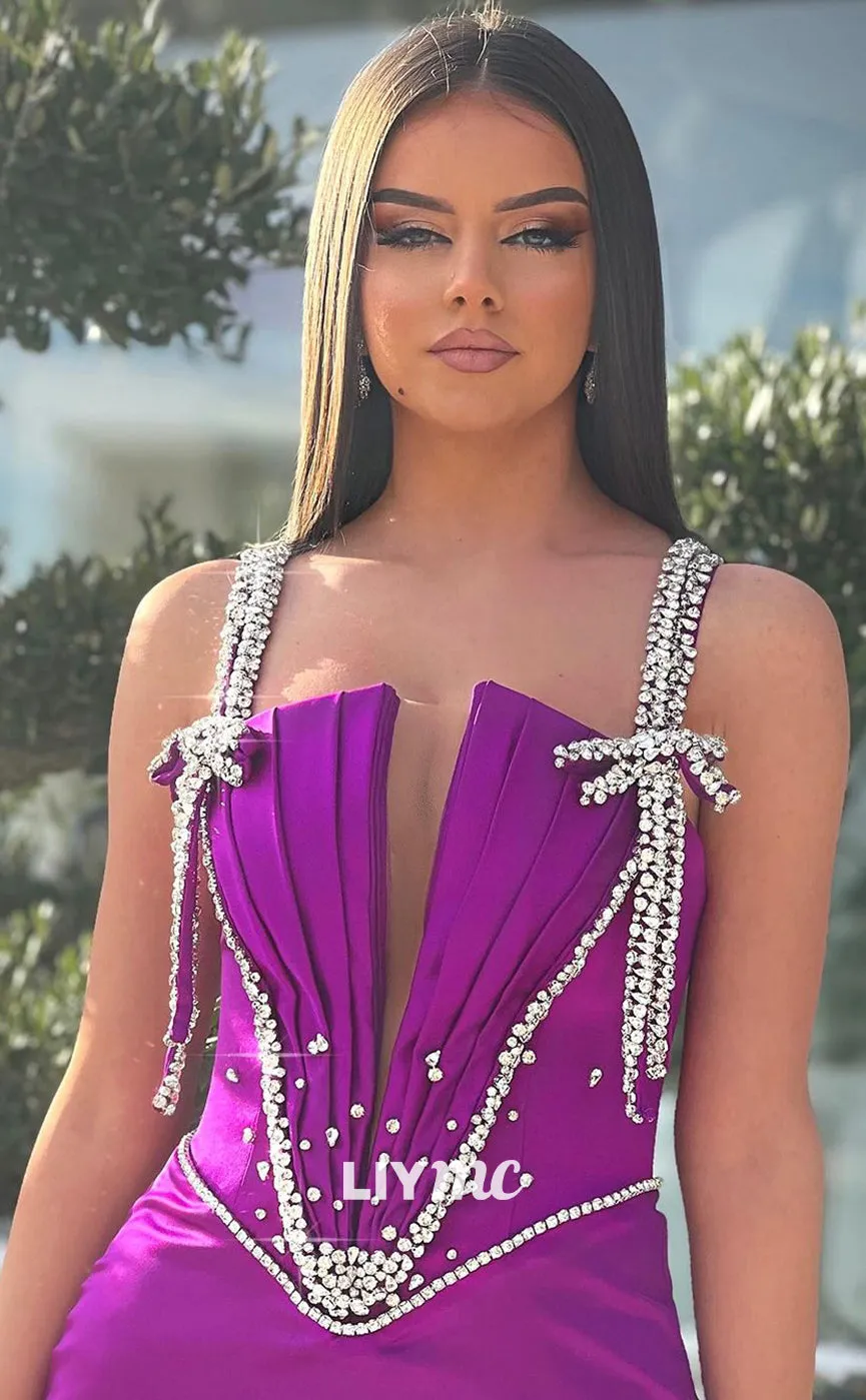LP1000 - Plunging V Neck Satin Beads Straps Long Formal Prom Dress