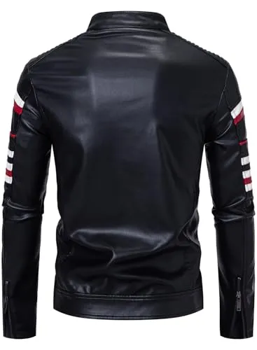 Mens Leather Jackets Stand Collar PU Faux Motorcycle Zipper Coat Biker Windbreaker