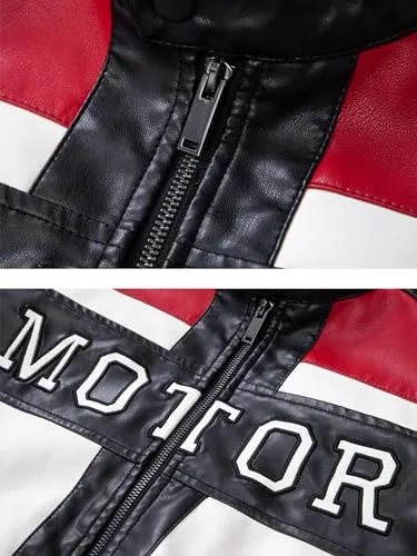 Mens Leather Jackets Stand Collar PU Faux Motorcycle Zipper Coat Biker Windbreaker