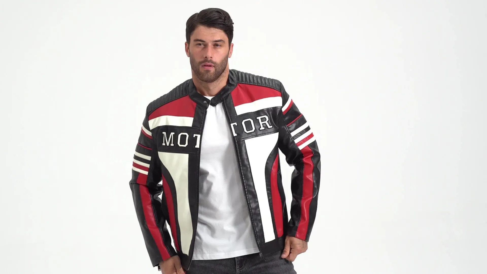 Mens Leather Jackets Stand Collar PU Faux Motorcycle Zipper Coat Biker Windbreaker