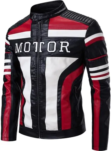 Mens Leather Jackets Stand Collar PU Faux Motorcycle Zipper Coat Biker Windbreaker
