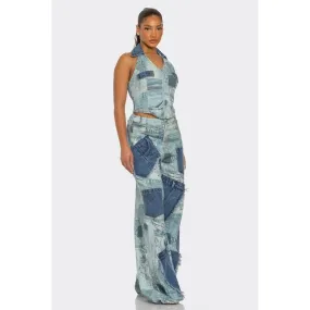 Retro Revival Patchwork Denim Two-Piece Set