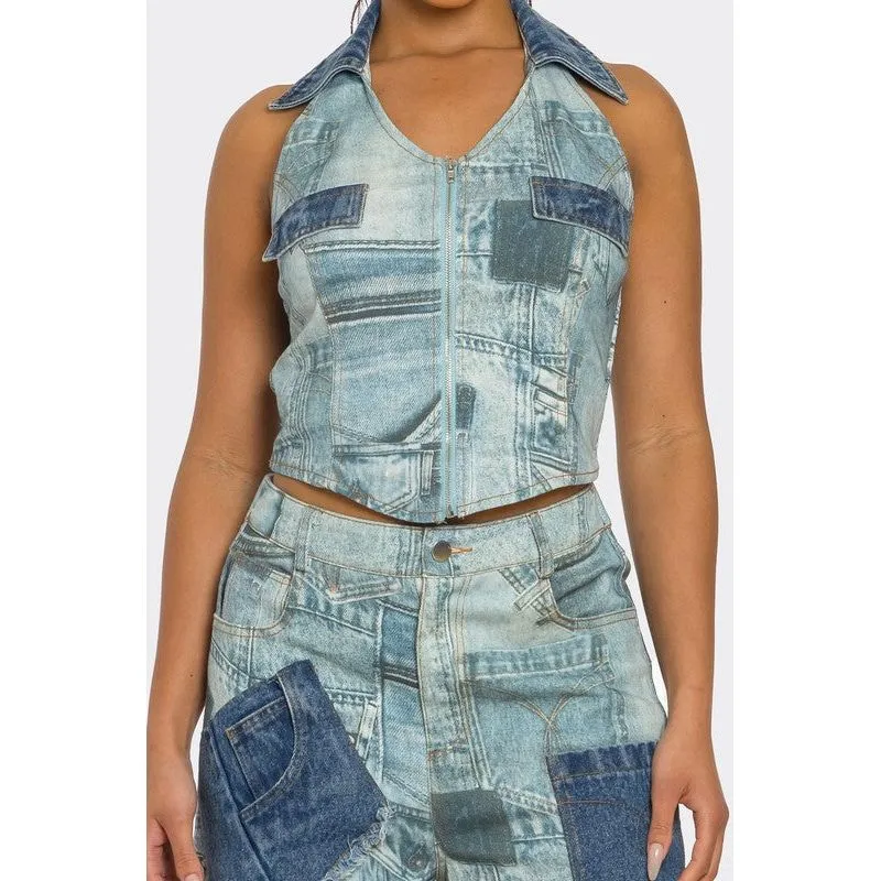 Retro Revival Patchwork Denim Two-Piece Set