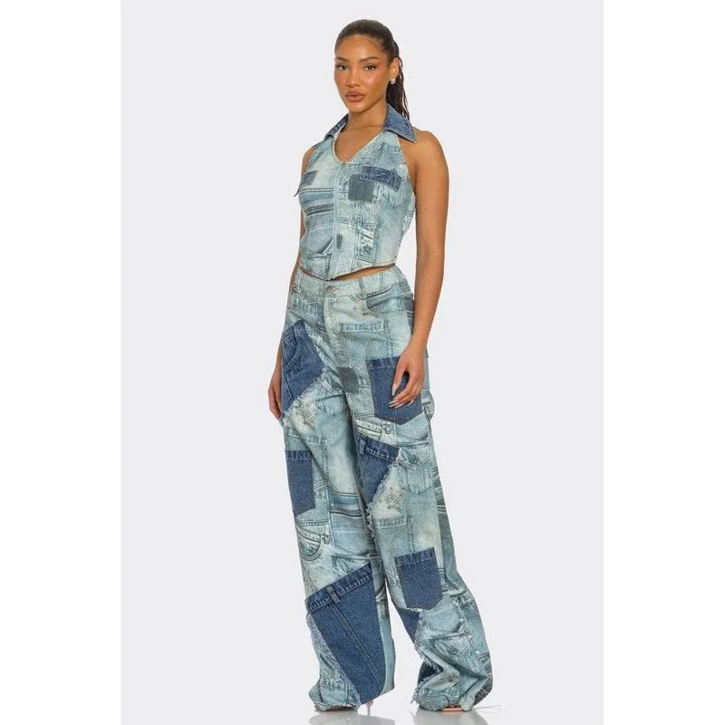 Retro Revival Patchwork Denim Two-Piece Set